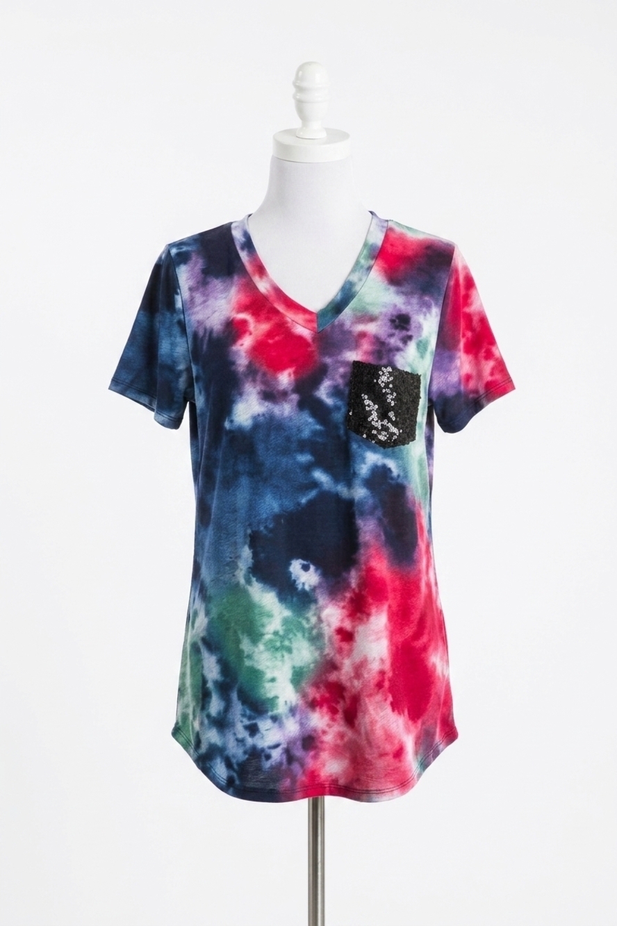 NEW HEIMISH USA splatter tie dye sequin top in navy
